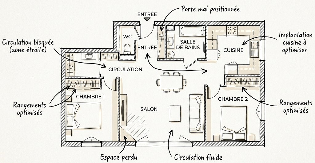 Plan de rénovation intérieure avec circulation optimisée et implantation de cuisine