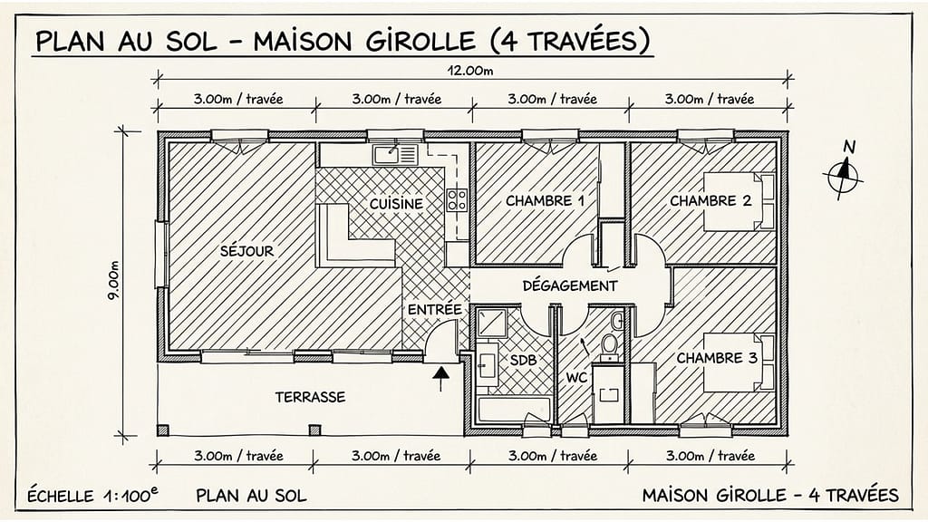 plan de maison Girolle 4 travées en Gironde pour rénovation