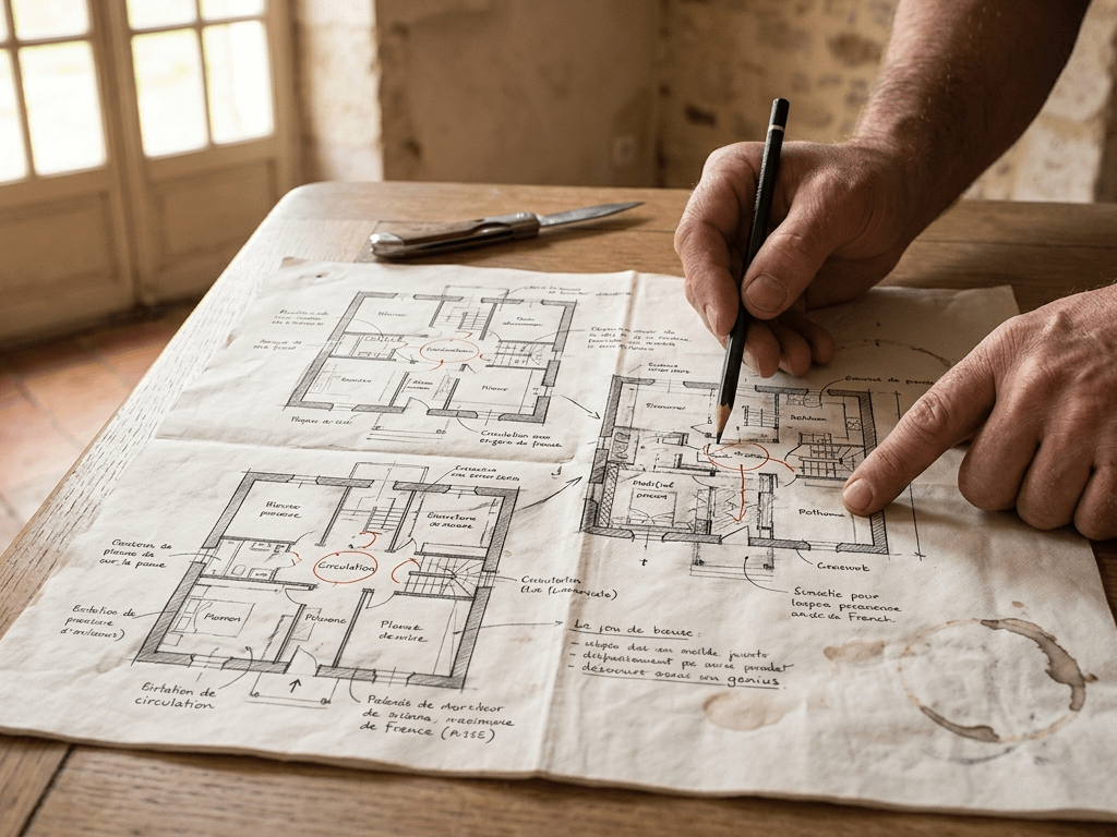 architecte d’intérieur présentant plusieurs plans d’aménagement pour optimiser l’espace d’une maison en rénovation