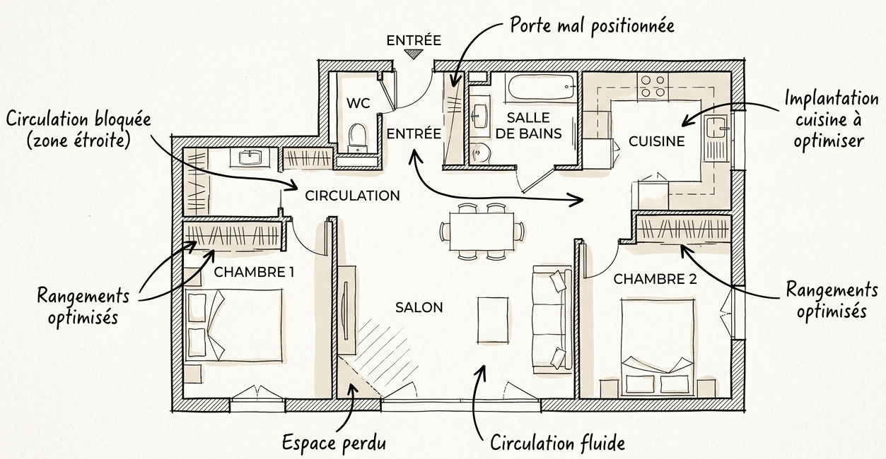 Plan de rénovation intérieure avec circulation optimisée et implantation de cuisine
