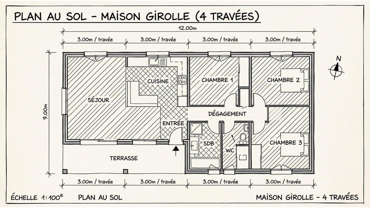 plan de maison Girolle 4 travées en Gironde pour rénovation