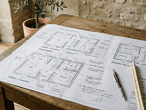 plan de rénovation d’une maison ancienne à Bordeaux avec annotations et variantes d’aménagement
