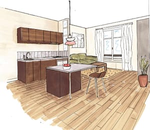 Dessin en perspective du salon d'Emily à Paris